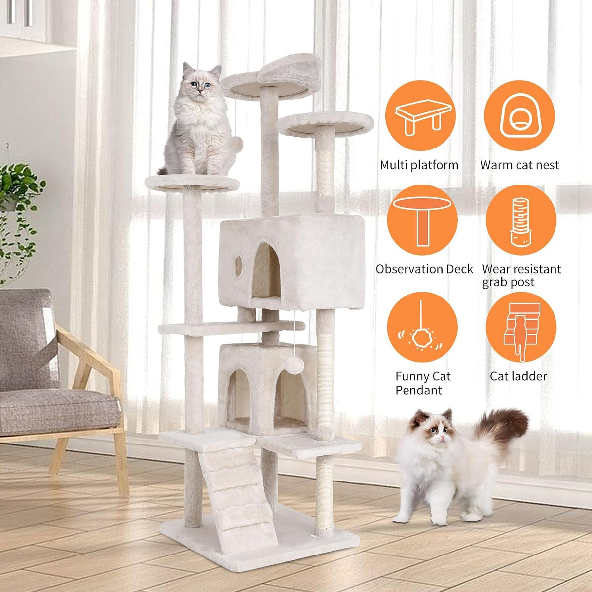 70" Cat Tree for Indoor Cats - Multi-Level Tower Kitten to Large Cats - Heavy Duty Scratching Post, Condo, Plush Perch, Beige